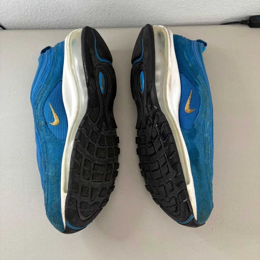 Nike Air Max 97 Blue Suede Mesh Sneakers Gold Swoosh CI3708-400 Mens 8